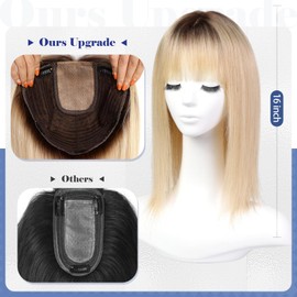 HAIRCUBE 16 inch Hair Toppers for Women Real Human Hair 9x9inch Large Base with Bangs,Top Hair Pieces Human Hair Toppers for Women with Hair Loss or Thin Hair (Ombre Light Blonde)
