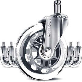Lifelong Office Chair Wheels Replacement, Heavy Duty, Silver, 5-Pack | Original Rubber Caster, Desk Wheels, Smooth & Quiet, Safe for Hardwood Floors & Carpet, Replace Office Chair Mats, Fits 98%