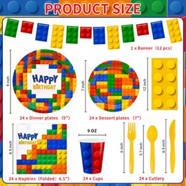 DYLIVES 180 Pcs Building Blocks Birthday Party Supplies, Building Block Party Decorations Kids Boys Disposable Tableware, Colorful Block Banner, 9" and 7" Plates and Napkins Cups Cutlery, Serve 24