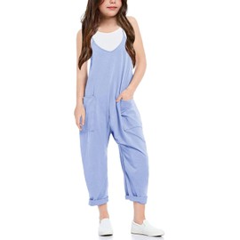 Cnkwei Girls' Casual Sleeveless Jumpsuits Spaghetti Strap Loose Romper Long Pants with Pockets