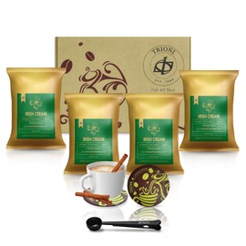 Irish Cream Coffee Sampler Gift Set Includes Includes Four (4) Ground Coffee Medium Roast, Individual Coffee Packets Irish Cream with Cinnamon Sticks, Coaster, Clip and Spoon by TRIONI