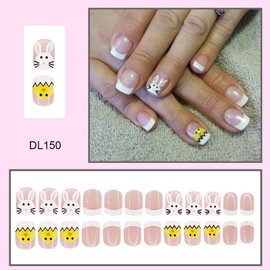 Easter Press on Nails Bunny Short Square Fake Nails with Egg Design Cute Rabbit Nails Press ons, White French tips False Nails Glossy Glitter Reusable Spring Nails for Women Girls Manicure 24pcs