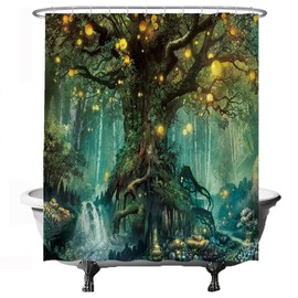 Ulticool Shower Curtain - Fairy Tale Elf Tree Magic Forest Nature - 180 x 200 cm - Washable - Waterproof - Anti Mould - with 12 Rings - Green Yellow
