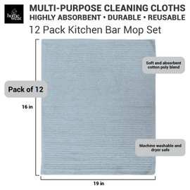 Homewear 12 Pack Kitchen Bar Mop Towels – Cotton, 16x19 Super Absorbent Utility Rags & Cleaning Cloths, Dishes, Housekeeping, Toallas De Limpieza – Reusable Machine Washable Towels – Blue/Indigo