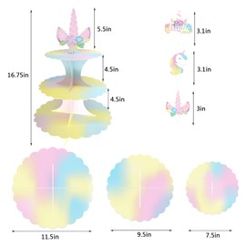 Unicorn Cardboard Cupcake Stand with Toppers 3 Tire Unicorn Treat Stands Birthday Baby Shower Unicorn Theme Party Supplies Dessert Stand(1 Cupcake Stand+18 pcs Toppers)…