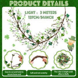 Yuxung St Patrick's Day Garland with Light 4.5 ft Shamrock and Berry Garland St Patrick's Day Decorations Green Clover Berry Garlands for St Patrick's Day Decor