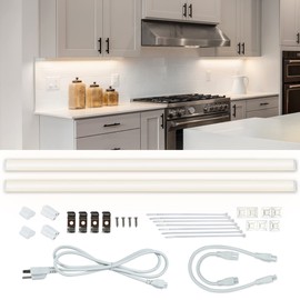 CLEANLIFE AC-Powered LED Light Bar Under Cabinet Shelf Light Kit – Includes 2 Light Bars, 1 AC Cord, 2 Brackets – 120VAC, 2700K, TRIAC Dimmable, Frosted Cover (12 inch)