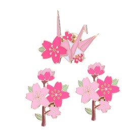 KaminoKa Cherry Blossom and Folding Cranes, Pin Badge, Illustration Style, Japanese Design, Set of 3 (1 Crane, 2 Cherry Blossoms)