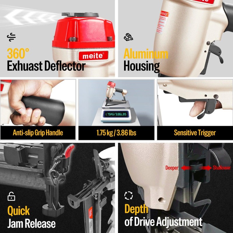 meite Pneumatic Brad Nailer T64A Powerful Finish Nailer Gun Profasional