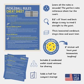 Pickleball Rules Cheat Sheet, The Perfect Courtside Reference, Made in USA, Includes Wallet Size and Sticker
