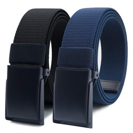 WYuZe Nylon Elastic Stretch Belt-2 Pack Men Casual Golf Belt Military Metal Buckle (Black+Blue, Fits pant up to 42")
