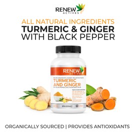 Renew Actives Ginger Turmeric Curcumin Capsules - Potent Antioxidant with Bioperine & Black Pepper Blend for Digestive & Liver Protection - Easy-to-Swallow Capsules - 60 capsules (2packs)