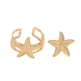 twinkle eye Gold Plated Starfish Shell Jewelry Set Sea Star Arm Cuff Bracelet Open Rings Sets Prom Formal Chunky Costume Ocean Statement Bangle Summer Jewelry for Women-Star