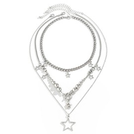 Y2K Layered Stars Choker Statement Necklace for Women Punk Gothic Chunky Cuban Link Chain Hollow Star Pendant Tassel Dainty Grunge OT Toggle Clasp Charm Layering Stack Ball Beaded Aesthetic Necklaces