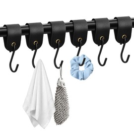 BCENG Pack of 8 S Hooks Black with Leather Loop Hooks Coat Hooks Multipurpose Hooks Stainless Steel S Hooks Leather Black Butcher Hooks for Kitchen Bathroom Bedroom Wardrobe and Camping