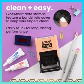 ExcelMark 2445 Date Stamp with Text - Blue and Red Ink (Peach Mount, Paid)