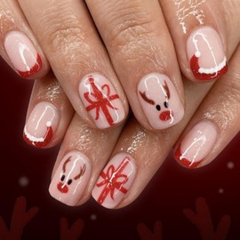 Christmas Press on Nails Short Square Fake Nails with Cute Elk Bow Design Red Glitter French Tip Nails Press ons Glossy Skin Tones Hat Glue on Nails Winter Xmas Holiday Acrylic Nails for Women 24Pcs