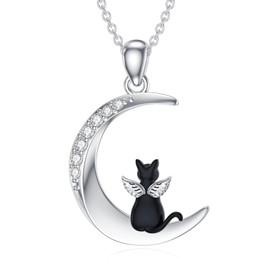 LWXIE Diamond Moon and Cat Necklace for Women 925 Sterling Silver Cat Angel on the Moon Pendant with Lab Grown Diamonds Cat Angel Memorial Jewelry Gifts for Cat Lover