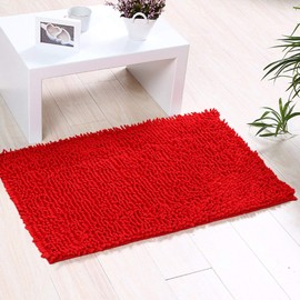 ele ELEOPTION Soft Shag Bath Mat Rug Kitchen Rug Door Way Feet Mat Anti-slip Strip Absorbent Doormat Bathroom Shower Rugs Shaggy Carpet (45 * 70 CM) (Red)