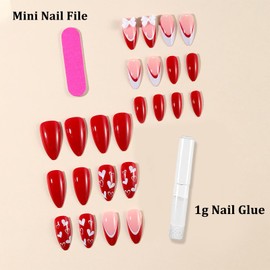 24pcs Red Press on Nails Long - Valentine's Nails with Glue - Heart False Nails French Tip with Bow Charms - Almond Stick on Nails - Cute Fake Nails for Women Girls Valentine's Day
