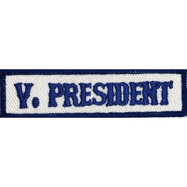 V. President  V. President Biker Title Rank Tag Embroidered Iron On Patch White Blue