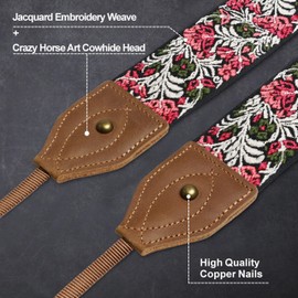 Padwa Lifestyle Classic Crazy Horse Art Cowhide Head Camera Strap - 2" Wide Jacquard Embroidery Floral Vintage Camera Straps for Photographers, Adjustable Universal Camera Strap Fits DSLR Cameras