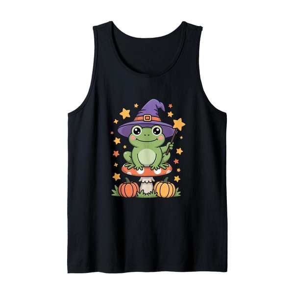 Cute Frog Witch On Mushroom with Pumpkins and Stars Tank