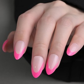 French Tips Press on Nails Short Almond for Women Gift, Light Neutral + Hot Rose Pink Tip, Soft Gel Press Glue On Nail with Nail Glue, Supremely Fit Full Cover Reusable Acrylic Fake Nails Manicure Kit