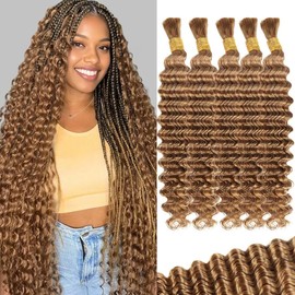 Honey Blonde Human Braiding Hair for Boho Braids 160g 5 Bundles/Pack 16 Inch Curly Boho Hair for Braiding Knotless 12A Deep Wave Bulk Bohemian Color 27