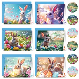 Ctxtqtdt Easter Cards with Envelope, Set of 12, Easter Cards, Foldable with Sticker Envelope, Easter Card Set, Easter Cards with Cute Rabbit and Eggs, 6 Different Designs, 2 Pieces Each (A)