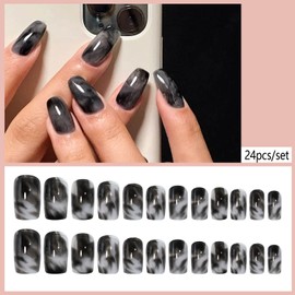 Wedity 24Pcs Black Bevel French Snake False Nails Diablo Style Acrylic Fake Nail Love Heart Artificial Press on Nails for Women Girls (D)