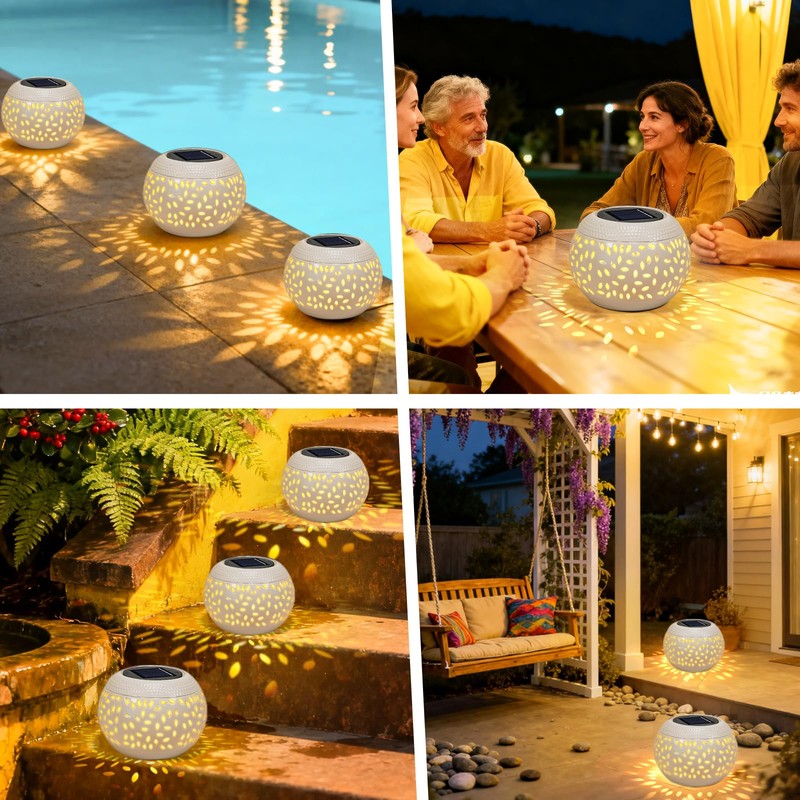 Solar Powered Table Light Waterproof - White Metal Retro Hollowed-Out