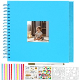 Miaikoe 20.5x20.5 cm DIY Scrapbook Album with Window Hardcover Kraft Blank Paper Scrap Book with 40 Sheets Photo Album for Guest Book, Family Wedding Anniversary (Blue)