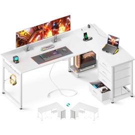 AODK L Shaped Desk with 4 Tier Drawers, 61" Reversible Gaming Desk with Power Outlets, L Shaped Computer Desk with USB Charging Port and Host Stand, Home Office Corner Desk, Easy to Assemble, White