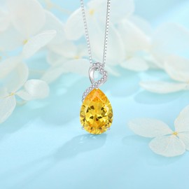 FJ Pear Cut Citrine Necklaces for Women 925 Sterling Silver Teardrop Pendant Necklace November Birthstone Jewellery Gifts for Her