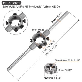 sourcing map Die Stock Handle Wrench Set, 5/16-18 UNC Round Die and 25mm Die Holder (Fits 5/16" (UNC/UNF) / Metric M7-M9 / 25mm OD Dies) for Bolt Thread Repair