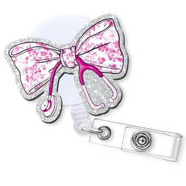 Cute Nurse Badge Reel Retractable - Pink Floral Bow ID Badge Holder with Acrylic Alligator Clip for Women Nurse Nursing Medical Student Teacher Hospital Worker Office Card Reels Gifts