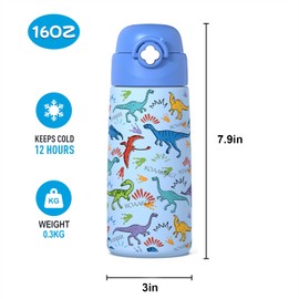 Boys Insulated Water Bottle with Covered Pop-Up Straw,16 oz Kids Cups with Stainless Steel Leak Proof for School（Blue-Dinosaur）