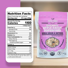 Farm to Table Foods Organic Apple Raisin Superfood Oatmeal - High Protein, Whole Grain, Plant Based,Non-GMO - 1 Pack (14 oz. Bag)