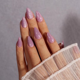 KQueenest Cat Eye Press On Nails Short, 30 Pcs Glitter Lilac Press On Nails Almond, Shiny Sparkly Fake Nails With Glue, Luxury Bling Glue on Nails Press ons, Reusable Stick on Nail for Women Weddings