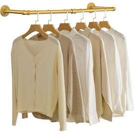 RSFMAS Wall Mounted Clothes Rack, Industrial Pipe Clothing Hanger 36 Inch Gold, Heavy Duty Wall Mount Closet Rod for Bedroom, Entryway, Laundry Drying Rack, Retail Display Clothes Rod