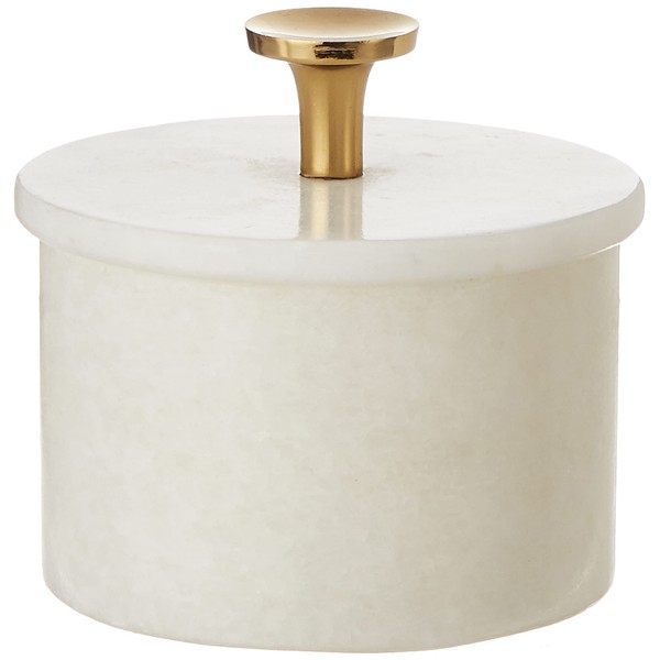 Queenza Salt Cellar with Lid & Brass Knob - 3 Inch White Makrana Marble Salt Bowl, Salt Dish for Kitchen and Dining - Multipurpose Small Box with Lid