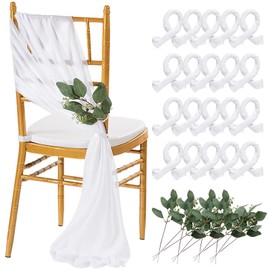 QueenDream White Chair Sashes Wedding: 16 Pieces Long Sheer Wedding Aisle Chair Decorations Tulle Chair Covers with Artificial Eucalyptus
