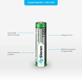 STEREN BAT-NM-AAA/1100 Paquete de 4 Pilas Recargables de Alta Capacidad AAA composición química de NiMH con Capacidad de 1 100 mAh a 1,2 Volts de Corriente Continua