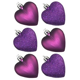 Davies 6 Pack 50mm Glitter / Plain Hearts Christmas Decoration - Purple