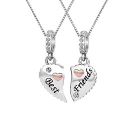 KunBead 18 inch Matching Best Friends Friendship Love Rose Gold Heart Charm Birthday Pendant Necklaces set for 2 for Women
