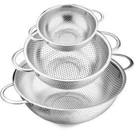 Set of 3 Stainless Steel Colander, 1/3/5Quart, Metal Sink Colander Strainer with Handle, Perforated Strainer for itchen/Draining Pasta/Rinsing Vegetables Fruits, Heavy Duty
