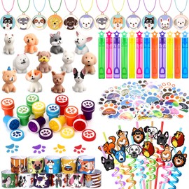 Winrayk 132Pcs Puppy Dog Party Favors Birthday Supplies, Straws Figures Necklaces Paw Print Stamp Bubble Wand Bracelet Sticker, Kids Boys Girls Puppy Party Favors Dog Paw Birthday Decorations Supplies