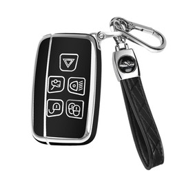 Car Key Fob Cover for Range Rover, Soft TPU Key Fob Case 5 Buttons Protective Cover with Silver Edge and Keychain Compatible with Range Rover Evoque Sport Velar LR4 Discovery Black