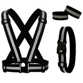 RUISHYY Reflective Running Gear Reflective Vest & Reflective Armband & Reflective Belt 3 Pcs Set, High Visibility Reflective Gear Night Cycling Walking Safety Vest Straps for Men Women Kids (Black)